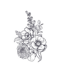 Fototapeta premium Vector composition of spring flowers, leaves and branches. Different flowers, tulips, anemones and other plants in beautiful bouquet.