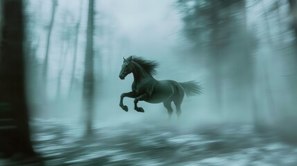Obraz premium A magnificent black horse running through a foggy forest scene