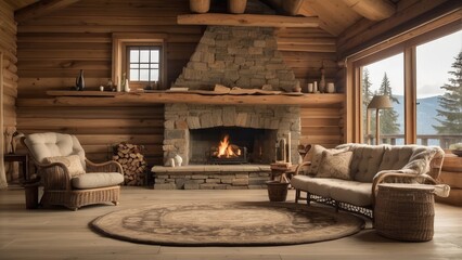 A rustic living room featuring a large stone fireplace with a wooden mantel