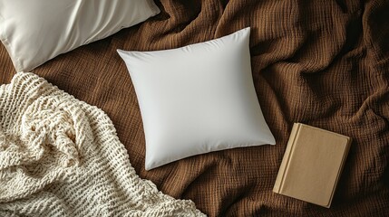 Fototapeta premium Cozy bedroom setting with a white pillow on a brown blanket and a book nearby