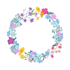 Vector wreath with colorful wildflowers. Elegant floral garland with forget-me-nots, chamomile, daisies.