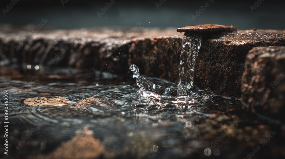 Poster a close up shot of water flowing over a stone ledge into a pool creating ripples and splashes