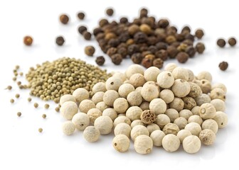 Assorted peppercorns including white, black, and green varieties, captured in macro photography with high detail and textured close-up shot for gourmet cooking and culinary use.