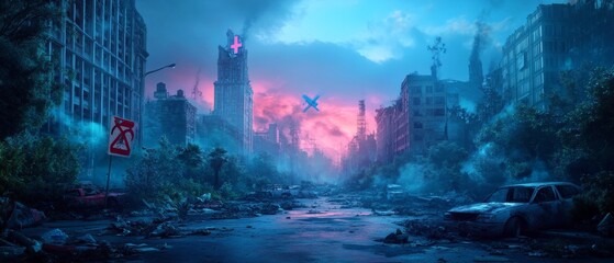 Post pandemic urban abandonment eerie empty cityscape with deserted streets and vehicles