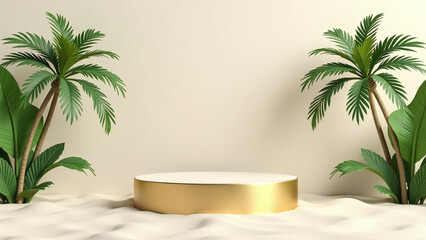 Fototapeta premium golden cylinder stands sandy ground surrounded palm trees decorative