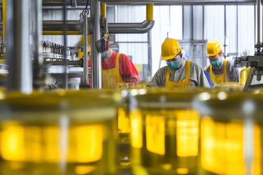 Workers processing macauba oil in a modern bio-refinery, wearing safety gear, focus on innovation and sustainability