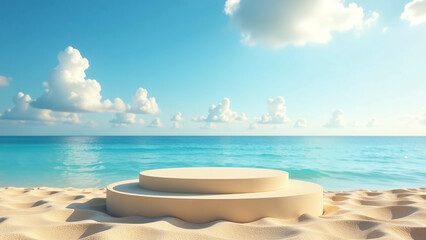 Obraz premium golden sand empty podium shines sunny skies calm sea embodying warm summer feelings serenity joyful