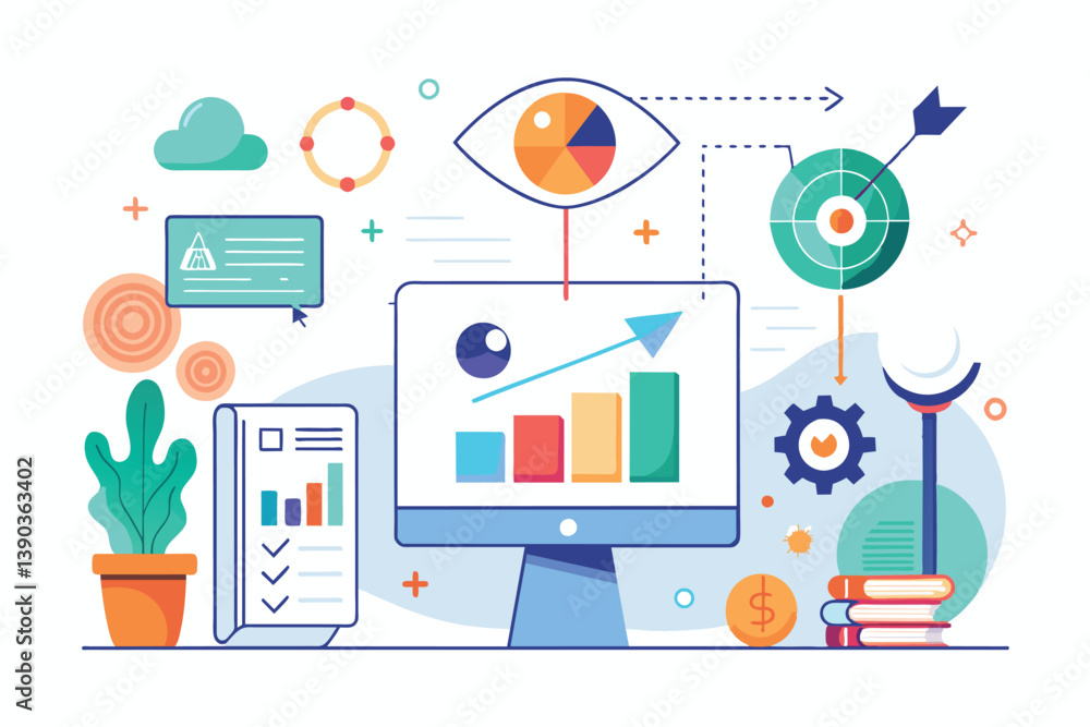 Poster illustration showcasing business strategy, data analysis, and visualization. it features a computer 
