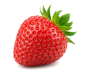 Close up of juicy red strawberry fruit with seeds and green leaf cap isolated on white background.