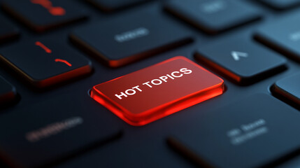 Close-up of a red illuminated keyboard key displaying "Hot Topics," representing trending subjects or important news, ideal for blogs, news websites or social media