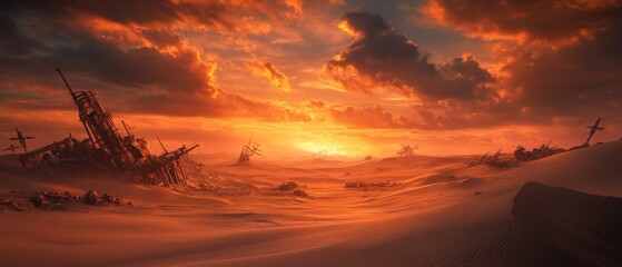 Dramatic post apocalyptic steampunk desert landscape at sunset perfect for adventure and sci-fi themes