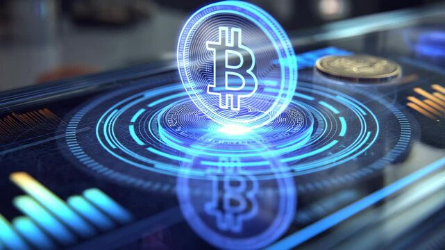 Hologram blue light yang muncul forming bitcoin