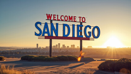 A sign reading Welcome to San Diego with the city in the background
