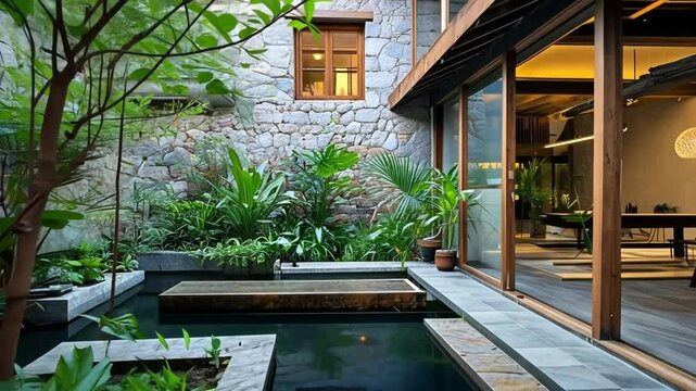 Modern House with Indoor Courtyard and Water Feature
