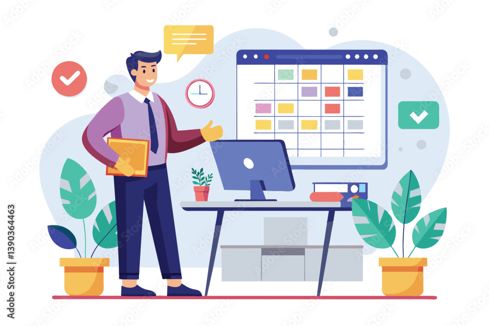 Aufkleber a cartoon image depicting a businessman standing in an office setting, pointing at a digital calenda