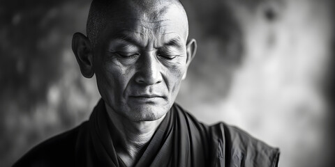 Fototapeta premium Serene Meditative Elder Black and White Photography, Soulful Contemplative Portrait, Inspirational Zen Monk Image