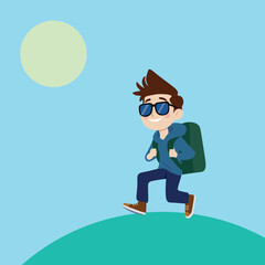 Cheerful guy in sunglasses and with backpack on blue background, tourist, flat style