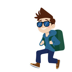 Cheerful guy in sunglasses and with backpack, tourist, isolate on white, flat style