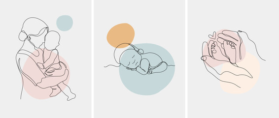 Happy Mother's Day. Set of minimalistic modern line art. Vector abstract illustration of mother and baby, hand, frame, border for greeting card, poster or flyer.