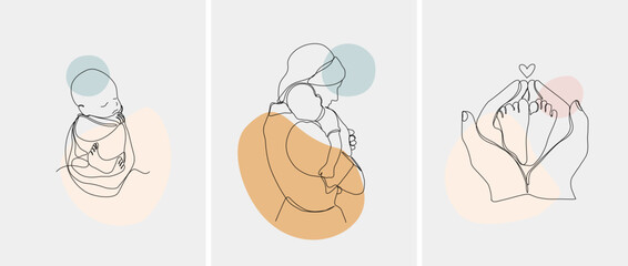 Happy Mother's Day. Set of minimalistic modern line art. Vector abstract illustration of mother and baby, hand, frame, border for greeting card, poster or flyer.