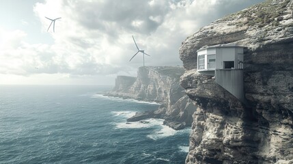 A modern building stands on a cliff near wind turbines and ocean