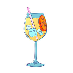 Fresh cocktail with orange and ice. Line art, ink, minimalist style. Vector illustration.