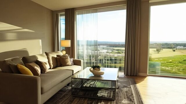 Modern Living Room with Large Windows and Comfortable Seating