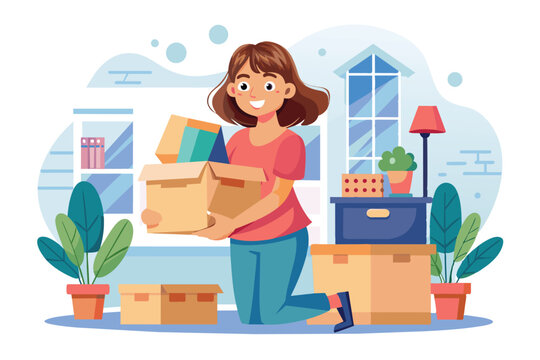 A young woman is packing boxes with personal belongings while kneeling on the floor of her home.