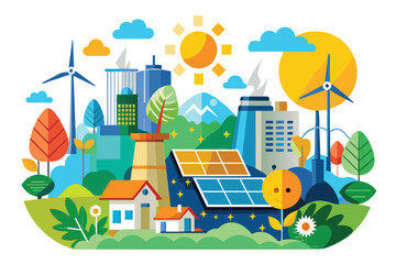 Naklejka premium A colorful illustration depicting a cityscape with solar panels, wind turbines, and other renewable energy sources, emphasizing a commitment to a sustainable future.