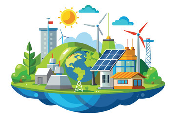 Naklejka premium A vibrant illustration depicting a futuristic city powered by renewable energy sources like wind turbines and solar panels, all set against a backdrop of a green Earth.