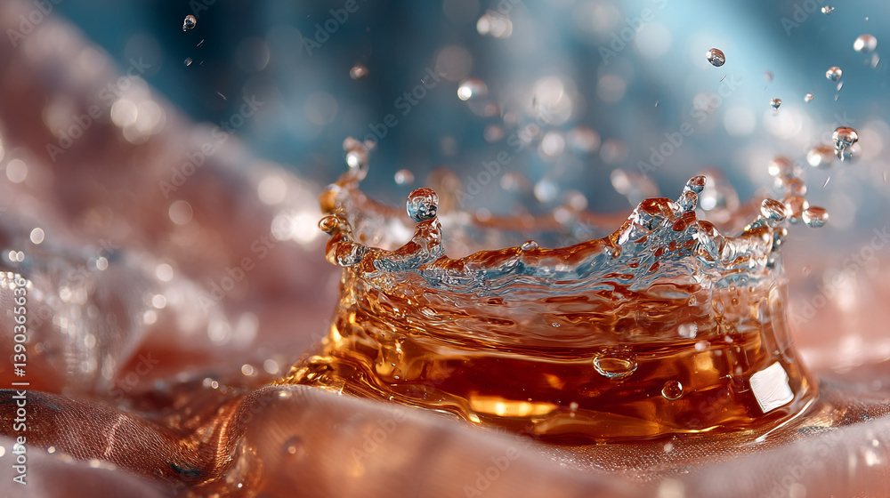 Poster a close up of a liquid splash with droplets forming a crown shape on a textured surface bokeh backgr