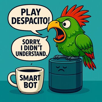 Cartoon illustration of a parrot yelling "TURN ON DESPACITO!" to a smart speaker, it responds "SORRY, I DON'T UNDERSTAND". A humorous scene of animals versus technology.