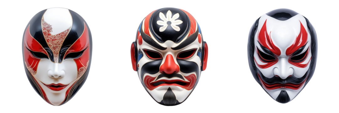 Traditional Japanese Masks with Intricate Designs and Colors on Transparent Background