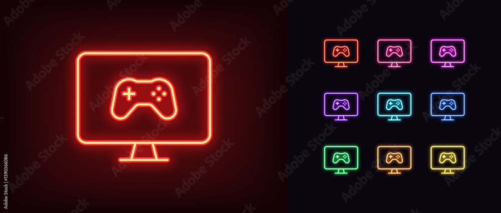 Aufkleber outline neon gaming monitor icon set. glowing neon gaming display for gamers, game monitor with game