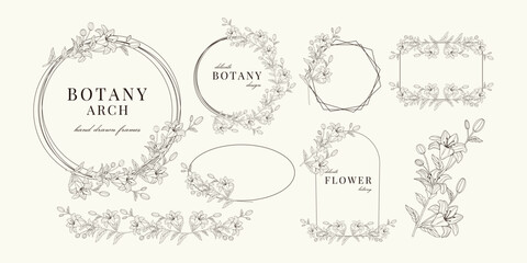 Set of frames with flowers. Circles and squares, ovals and rhombus. Hand drawn silhouette of botanical leaves. Decorations for wedding invitations. Tattoo outline. Branches. Line art. Wreaths. Element