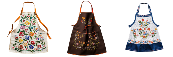 Colorful Handcrafted Aprons with Floral Embroidery Design for Cooking on Transparent Background
