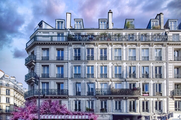 Paris, buildings in the Marais, in the center, in a typical street
