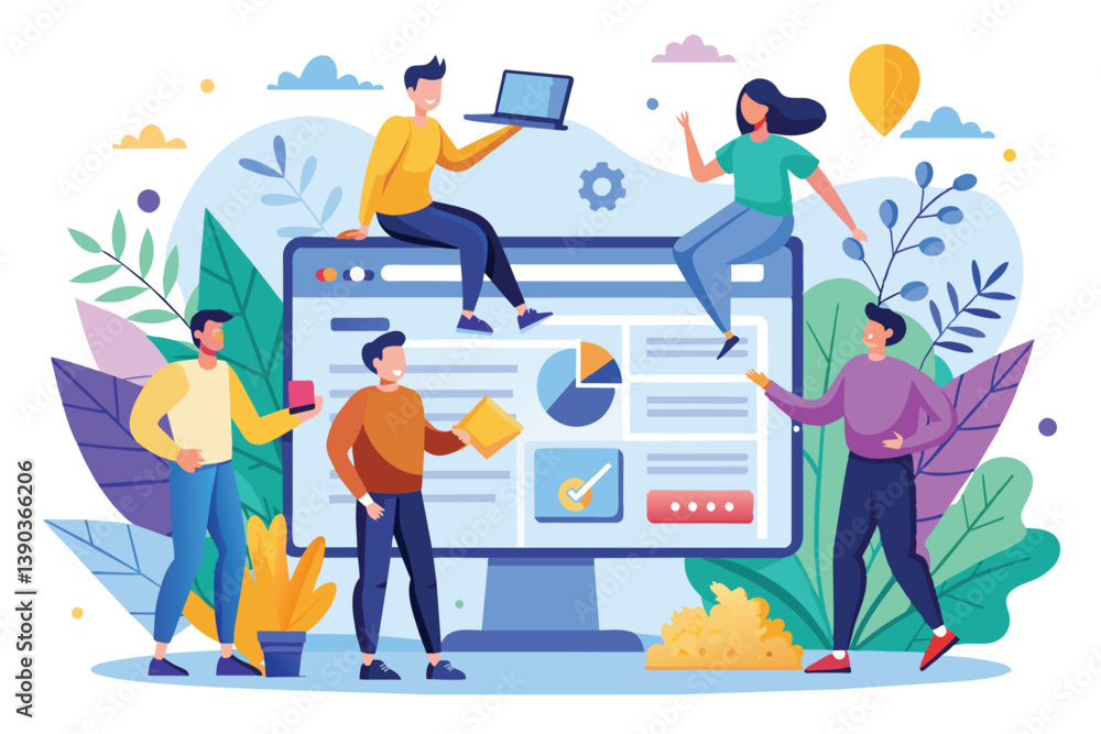 Poster a team of four individuals works together on a website design and development project, utilizing a c