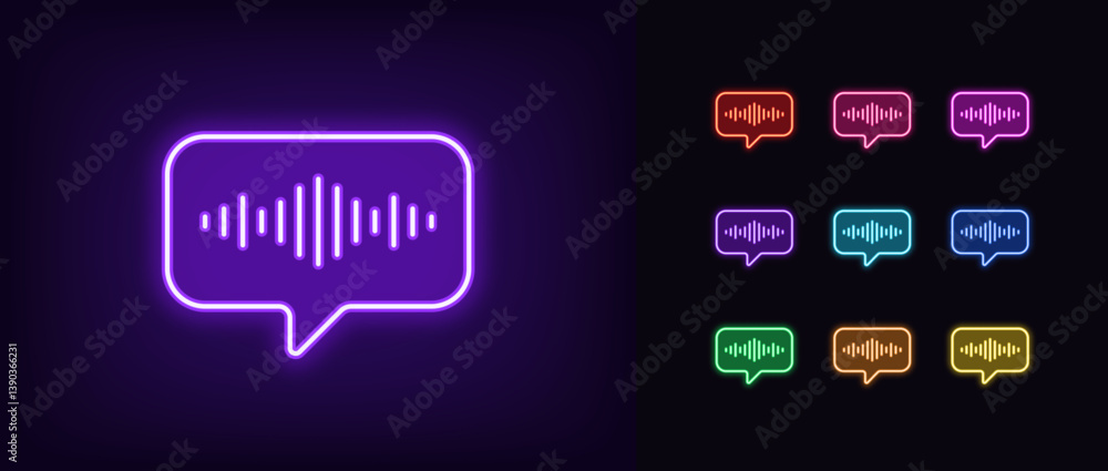 Poster outline neon voice message icon set. glowing neon bubble message with sound wave, voice record icon.