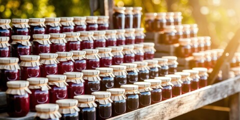 Assorted jars of homemade jam displayed on a wooden shelf in a sunlit outdoor market