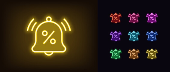 Outline neon discount bell icon set. Glowing neon discount reminder for season sale, bell with percentage icon. Discount notification about sell out, special offer, shop bonus alarm. Vector icons