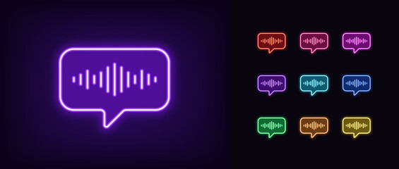 Outline neon voice message icon set. Glowing neon bubble message with sound wave, voice record icon. Audio notification, voice control and search, speech identification, microphone record. Vector icon