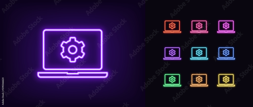 Poster outline neon laptop setting icon set. glowing neon laptop customization icon, computer system config