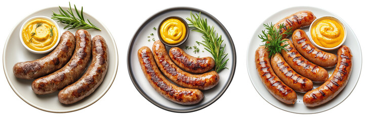Grilled Sausages with Mustard and Herb Garnish on Transparent Background