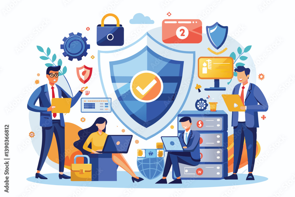 Poster an illustration depicting four business professionals collaborating on secure data protection, featu