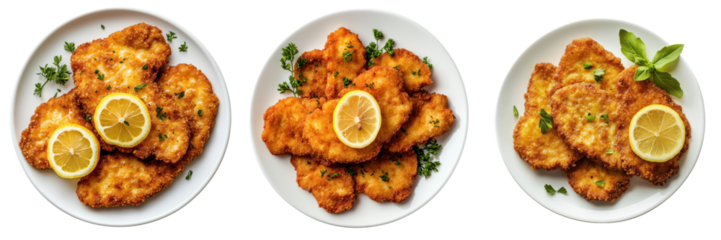 Crispy Fried Fish Fillets with Lemon and Fresh Garnish on Plates on Transparent Background