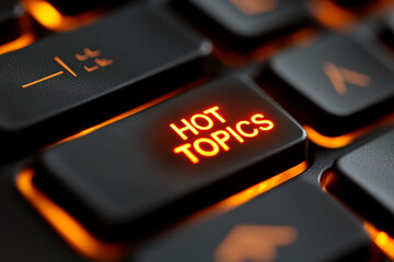 Close-up of illuminated keyboard key displaying "Hot Topics" in orange, suggesting online discussions, news, or trending subjects