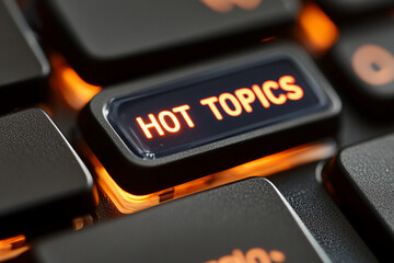Close-up of illuminated keyboard key displaying "Hot Topics" in orange, suggesting trending news or online discussions, ideal for technology or news websites