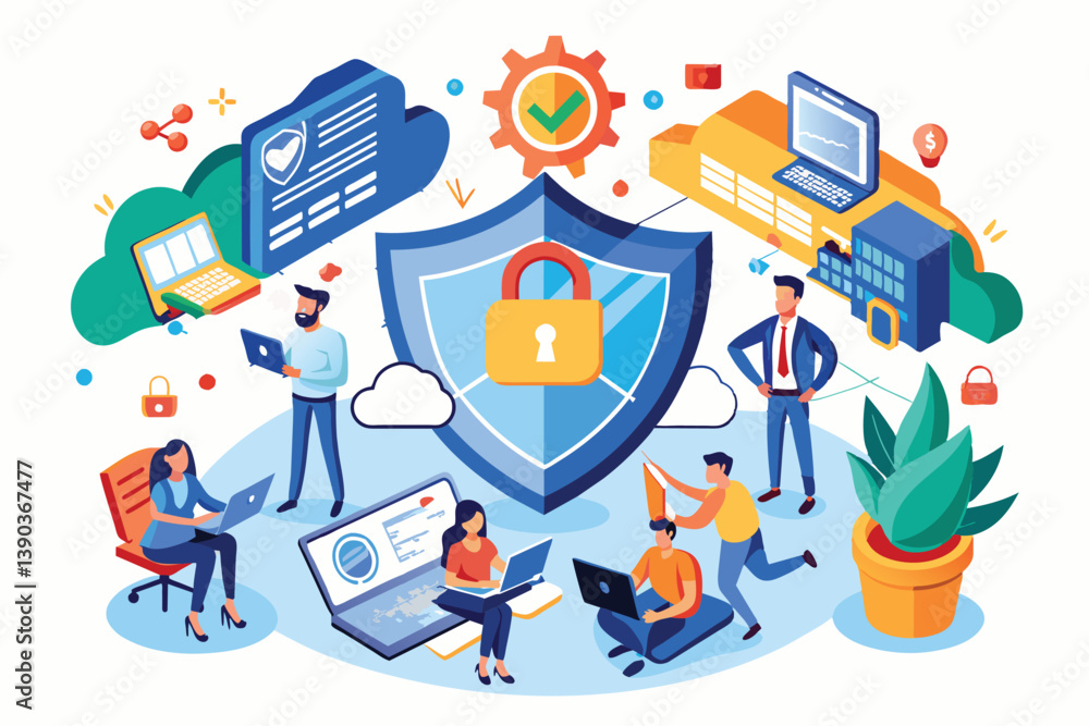 Poster a digital illustration depicting a secure cloud computing system with users working together on lapt