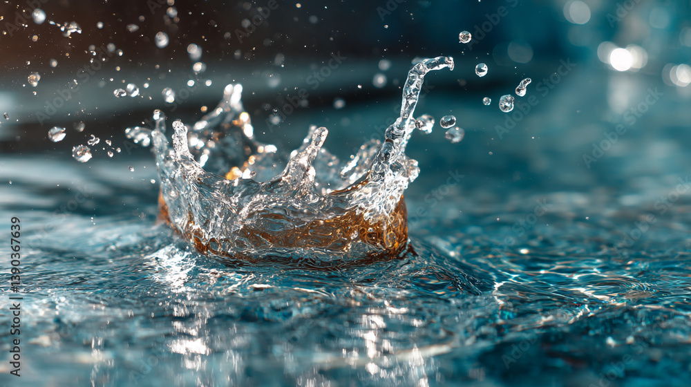 Poster a close up of water splashing up from a pool creating a crown like shape with water droplets flying